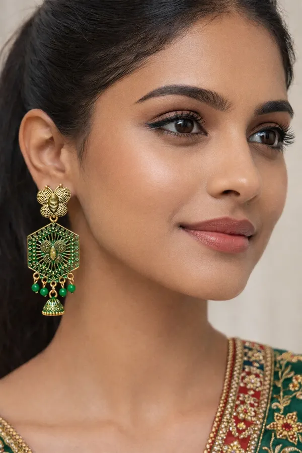 Gold_Toned_&_Green_Butterfly_Hexagon_Jhumka_Earrings
