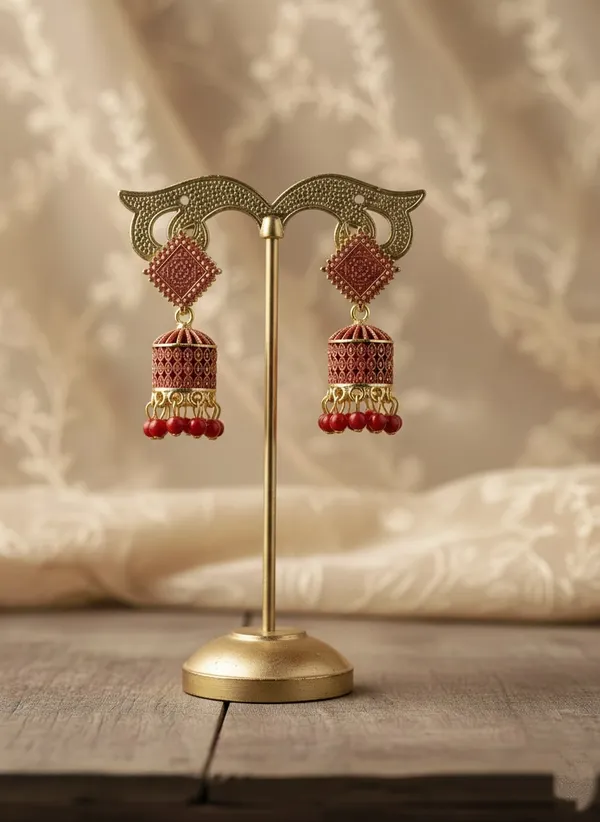 Red_And_Gold_Jhumka_Earrings_With_Textured_Square_Studs_And_Glossy_Bead_Danglers_For_A_Festive_Ethnic_Look