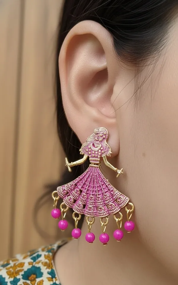 Gold_Tone_Earrings_Dancing_Woman_Motifs_With_Rani_Pink_Bead