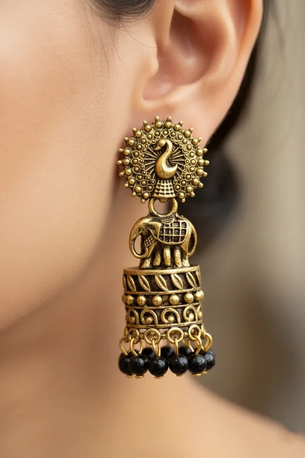 Gold_Tone_Peacock_And_Elephant_Motif_Jhumka_Earrings_Black_Bead_Drops.
