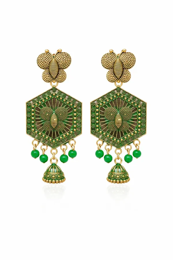 Gold_Toned_&_Green_Butterfly_Hexagon_Jhumka_Earrings