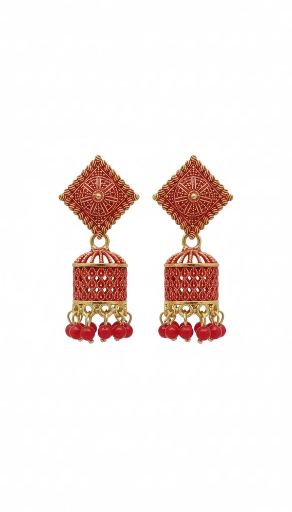 Red_And_Gold_Jhumka_Earrings_With_Textured_Square_Studs_And_Glossy_Bead_Danglers_For_A_Festive_Ethnic_Look