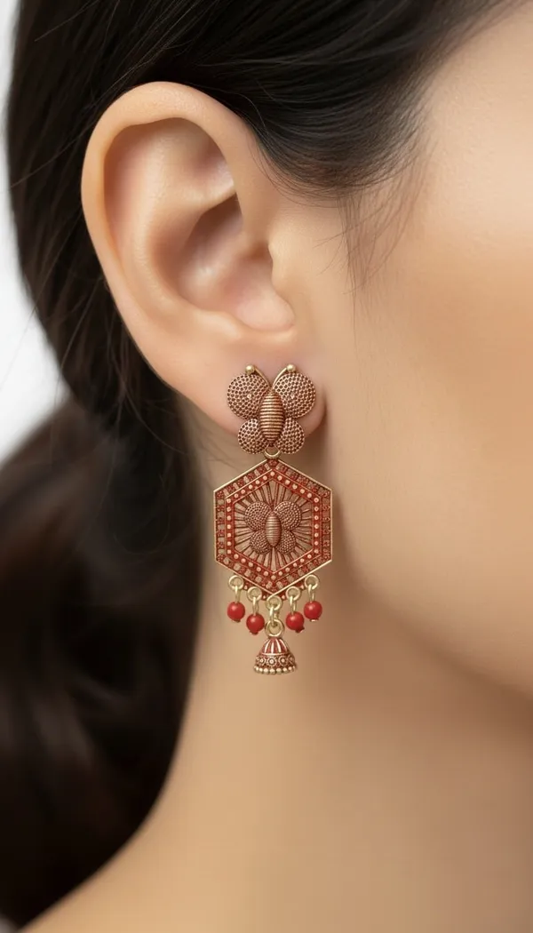 Gold_Toned_&_Red_Butterfly_Hexagon_Jhumka_Earrings