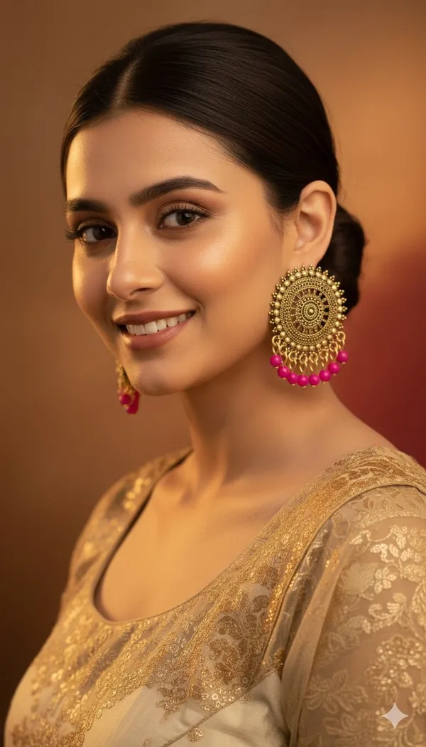 Pink_And_Gold_Tone_Circular_Dangler_Earrings_With_Intricate_Detailing_And_Glossy_Pink_Bead_Drops