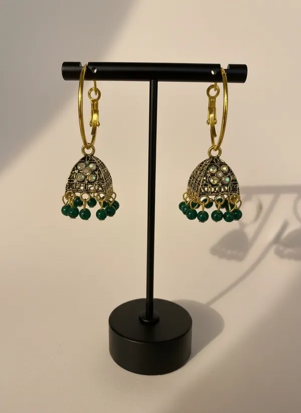 Gold_Tone_Hoop_Jhumka_Earrings_With_Green_Beads