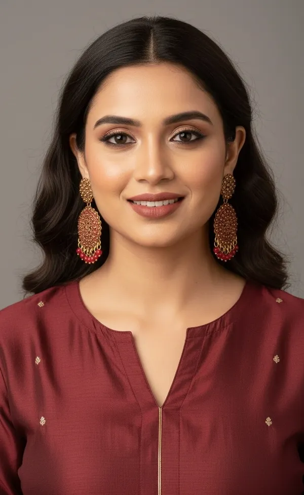 Gold_Tone_Textured_Earrings_With_Red_Bead_Danglers