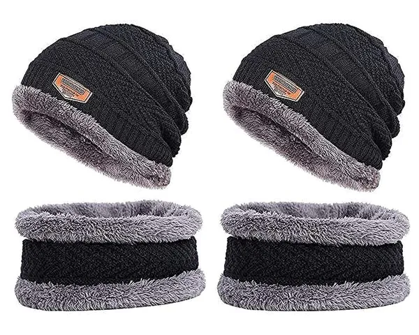 Nv_2_Pairs_Men's_Women's_Snow_Proof_Inside_Fur_Warm_Woolen_Cap_With_Neck_Muffler_Neck_Warmer_Scarf_For_Winter_Free_Size_Unisex_Beanie_Cap_With_Neck_Warmer_Set_Nv