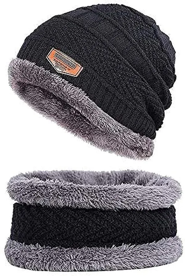 Nv_2_Pairs_Men's_Women's_Snow_Proof_Inside_Fur_Warm_Woolen_Cap_With_Neck_Muffler_Neck_Warmer_Scarf_For_Winter_Free_Size_Unisex_Beanie_Cap_With_Neck_Warmer_Set_Nv