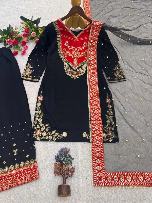 Elegant_Black_Embroidered_Salwar_Suit_With_Red_Yoke_And_Golden_Embellishments