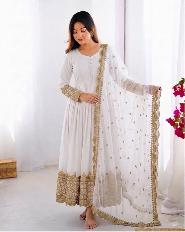 White_Anarkali_Suit_Set_With_Golden_Border_And_Embroidered_Dupatta