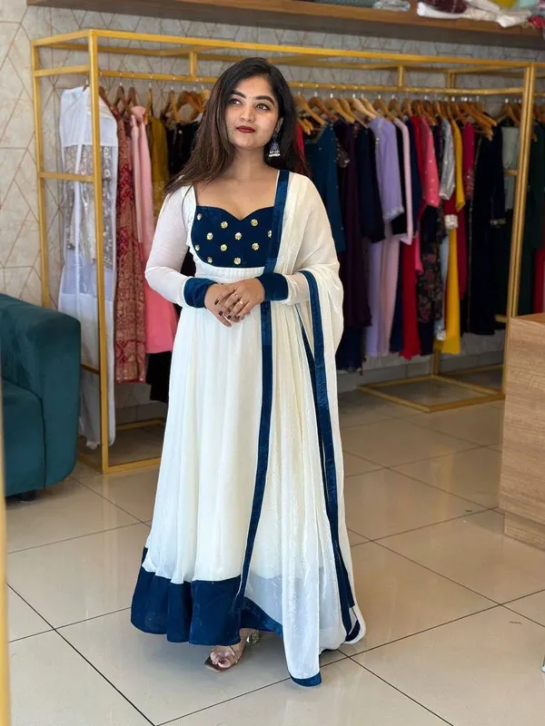 Elegant_White_And_Navy_Blue_Anarkali_Suit_With_Dupatta