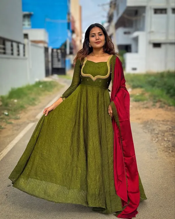 Mehandi_Green_Soft_Chinon_Dress_For_Women