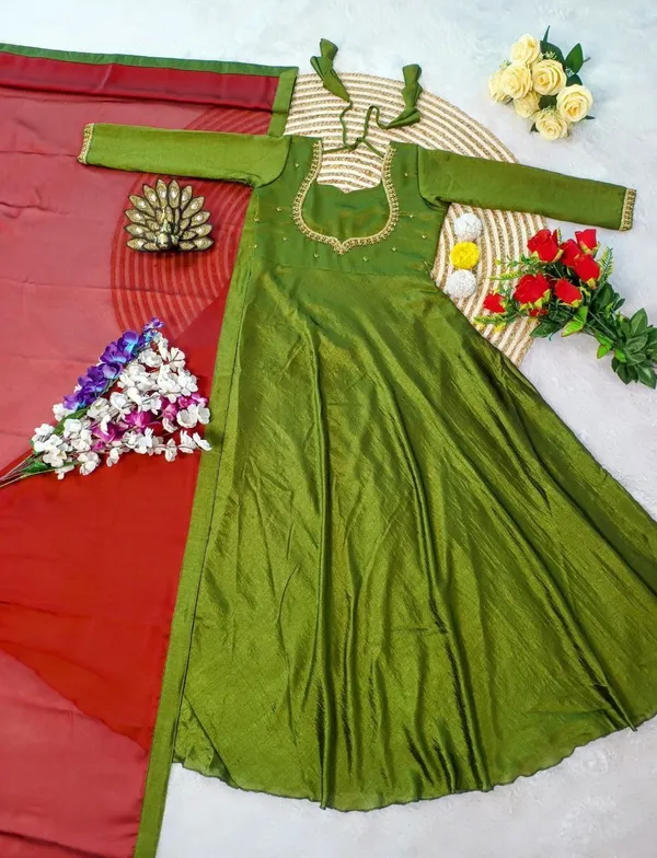 Mehandi_Green_Soft_Chinon_Dress_For_Women
