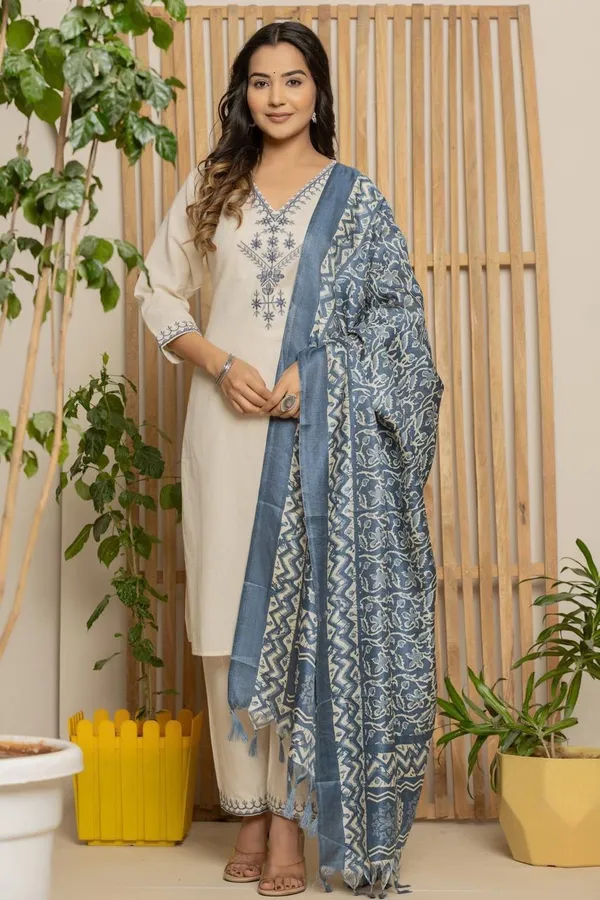 White_With_Duptaa_Khadi_Cotton_Suit_Set_For_Women