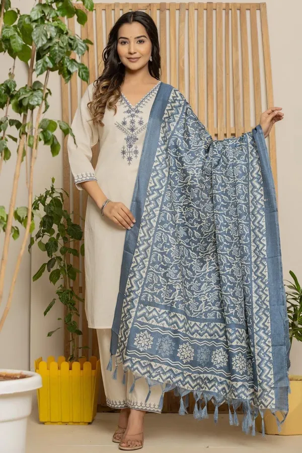 White_With_Duptaa_Khadi_Cotton_Suit_Set_For_Women
