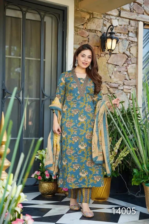 Slate_Blue_Floral_Printed_Cotton_Kurta_Set_With_Mustard_Dupatta_For_Women