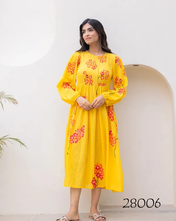 Yellow_Floral_Printed_Long_Sleeve_Midi_Dress_For_Women