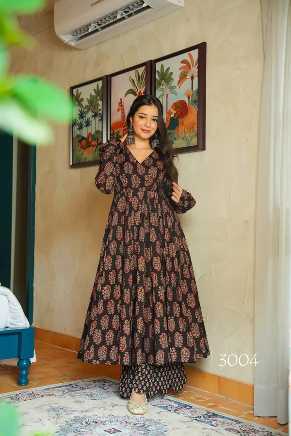 Black_Floral_Print_Anarkali_Kurta_Set_For_Women
