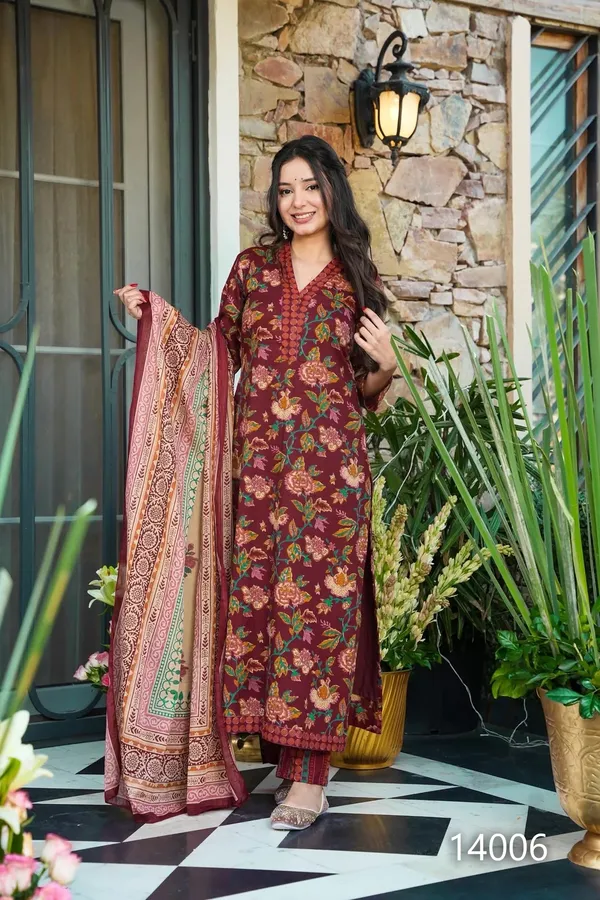 Burgundy_Floral_Printed_Kurta_Set_For_Women