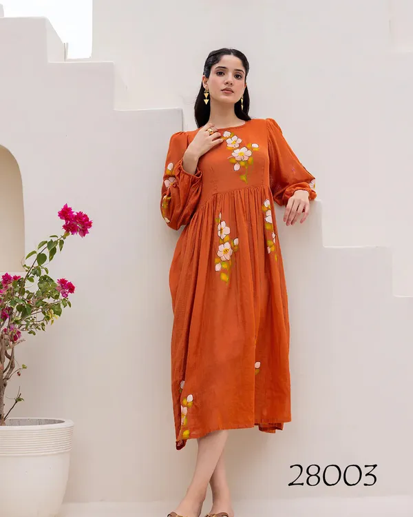 Burnt_Orange_Floral_Gathered_Waist_Midi_Dress_For_Women