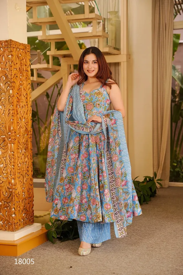 Blue_Floral_Printed_Anarkali_Suit_Set_With_Striped_Palazzo