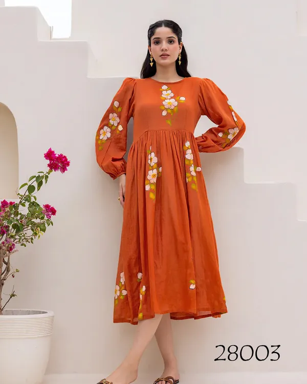 Burnt_Orange_Floral_Gathered_Waist_Midi_Dress_For_Women