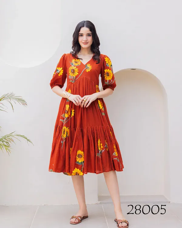 Terracotta_Red_Floral_Print_Tiered_Midi_Dress_For_Women