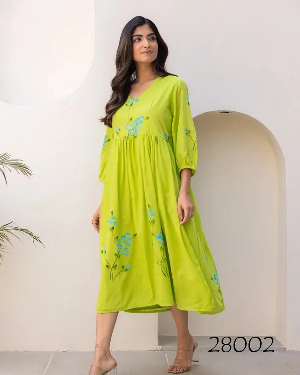 Lime_Green_Floral_Gathered_Dress_For_Women