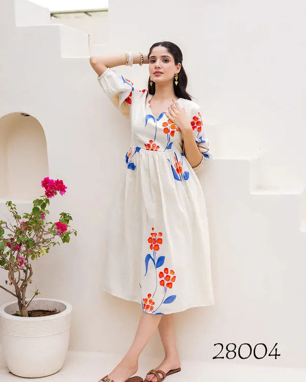 White_Floral_Print_Three_Quarter_Sleeves_Midi_Dress_For_Women