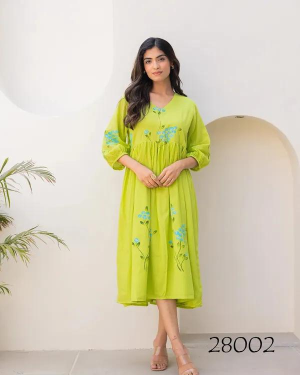 Lime_Green_Floral_Gathered_Dress_For_Women
