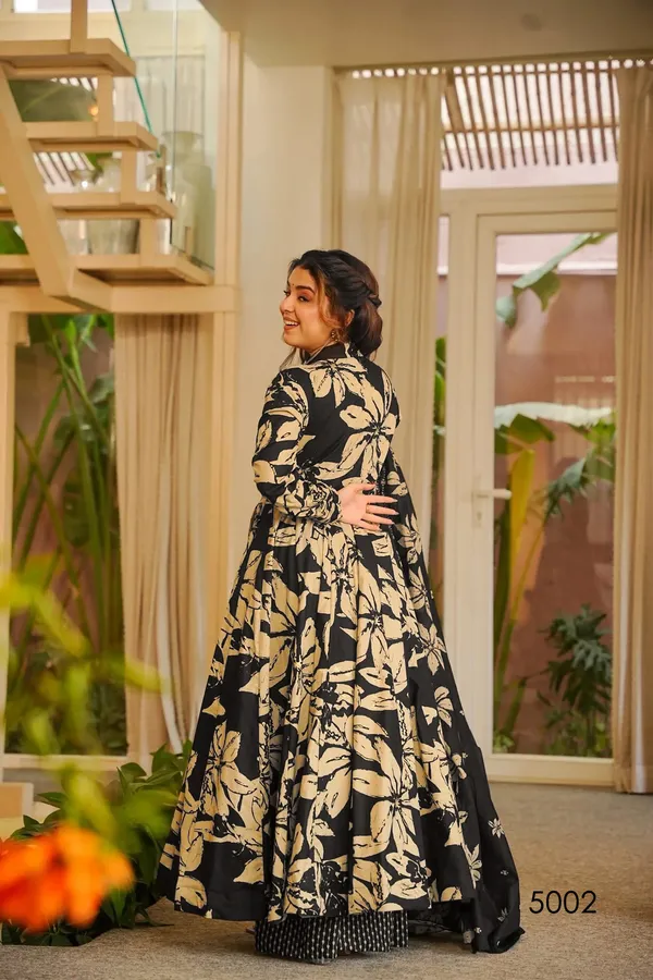 Black_And_Gold_Floral_Print_Anarkali_Dress_For_Women