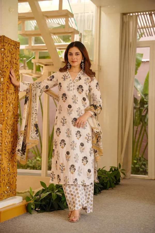 Light_Cream_Floral_Print_Cotton_Kurta_Set_For_Women
