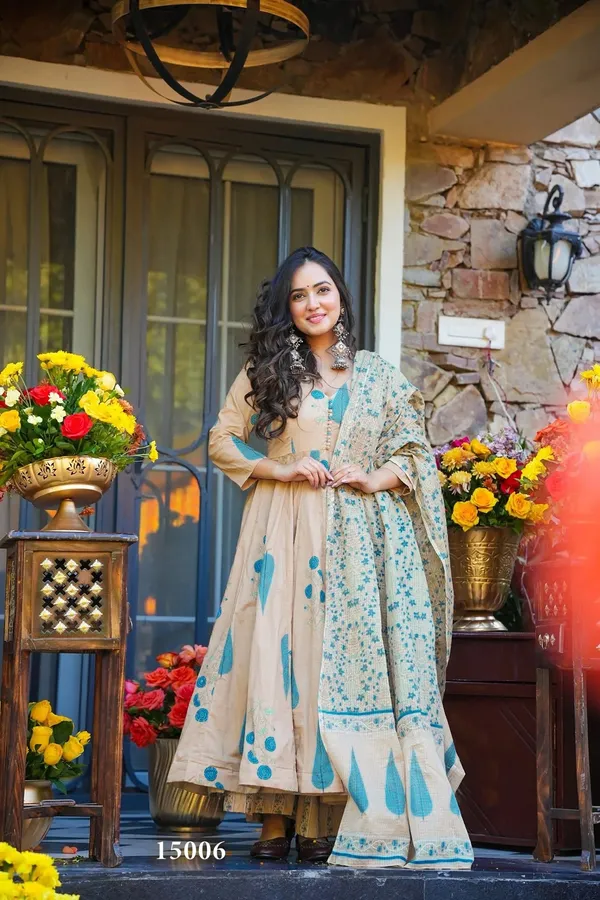Cream_And_Blue_Printed_Anarkali_Suit_Set_For_Women
