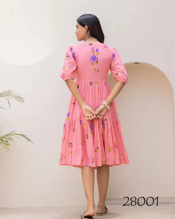 Vibrant_Pink_Print_Puff_Sleeve_Midi_Dress_For_Women