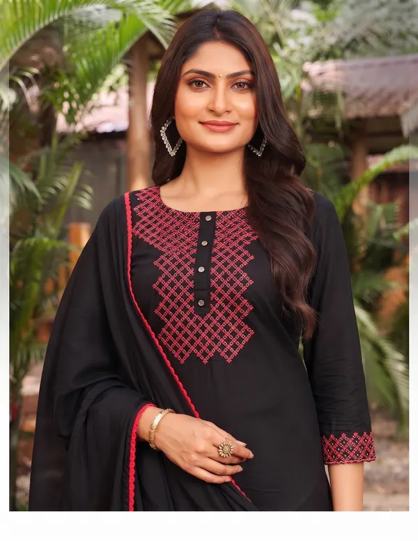 Black_Pure_Cotton_Embroidery_Kurti_Pant_Dupatta_Set