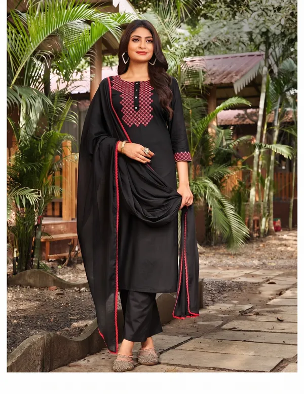 Black_Pure_Cotton_Embroidery_Kurti_Pant_Dupatta_Set