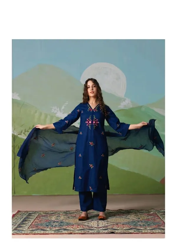 Blue_Pure_Cotton_Embroidery_Kurti_Pant_Dupatta_Set_