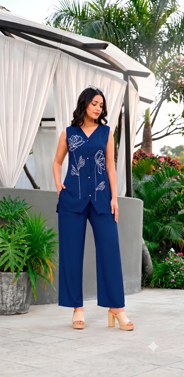 Blue_Rayon_Embroidery_Top_With_Bottom_Co-Ord_Set