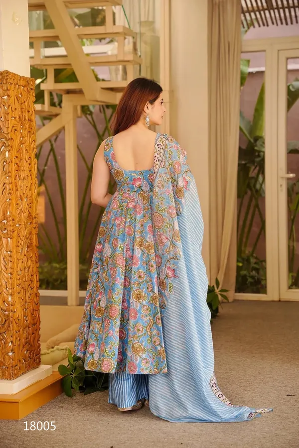 Blue_Floral_Printed_Anarkali_Suit_Set_With_Striped_Palazzo