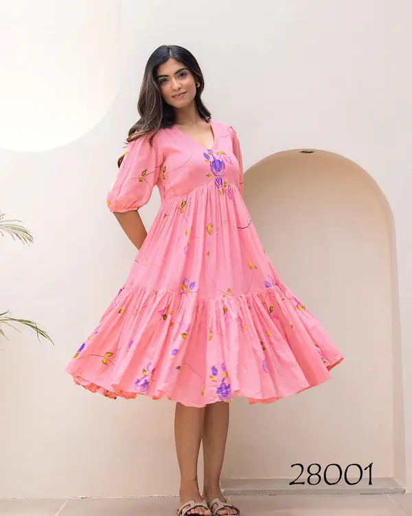Vibrant_Pink_Print_Puff_Sleeve_Midi_Dress_For_Women