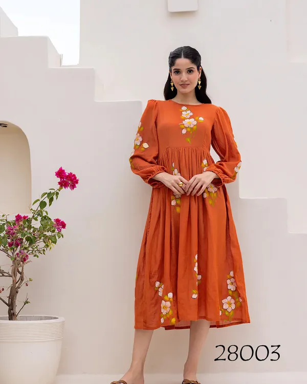 Burnt_Orange_Floral_Gathered_Waist_Midi_Dress_For_Women