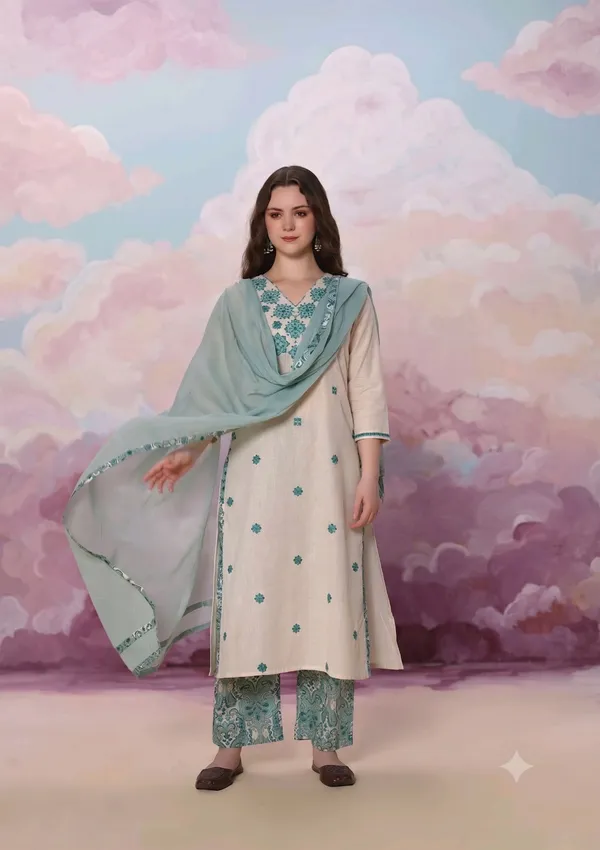 Cream_Cotton_Embroidery_Kurta_Pant_Dupatta_Set