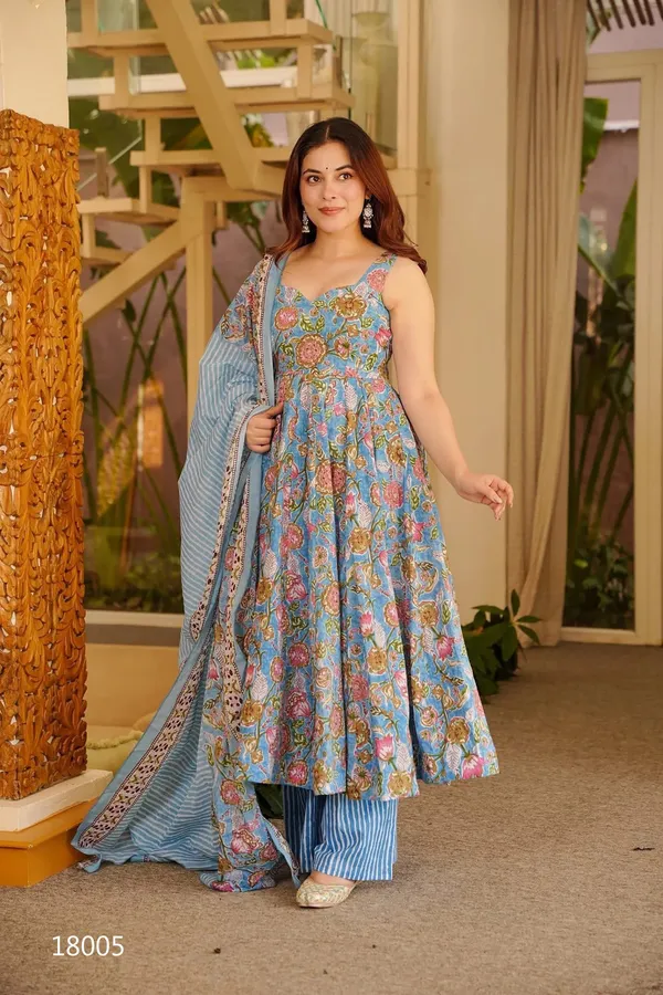 Blue_Floral_Printed_Anarkali_Suit_Set_With_Striped_Palazzo
