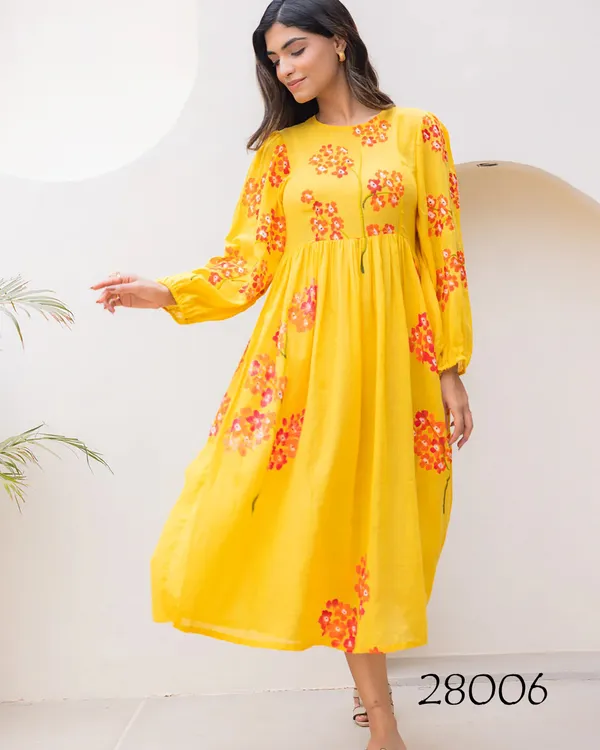Yellow_Floral_Printed_Long_Sleeve_Midi_Dress_For_Women