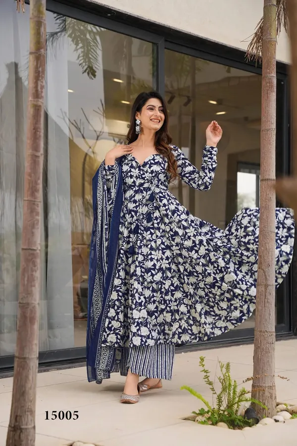 Navy_Blue_Floral_Print_Anarkali_Kurta_Set_For_Women