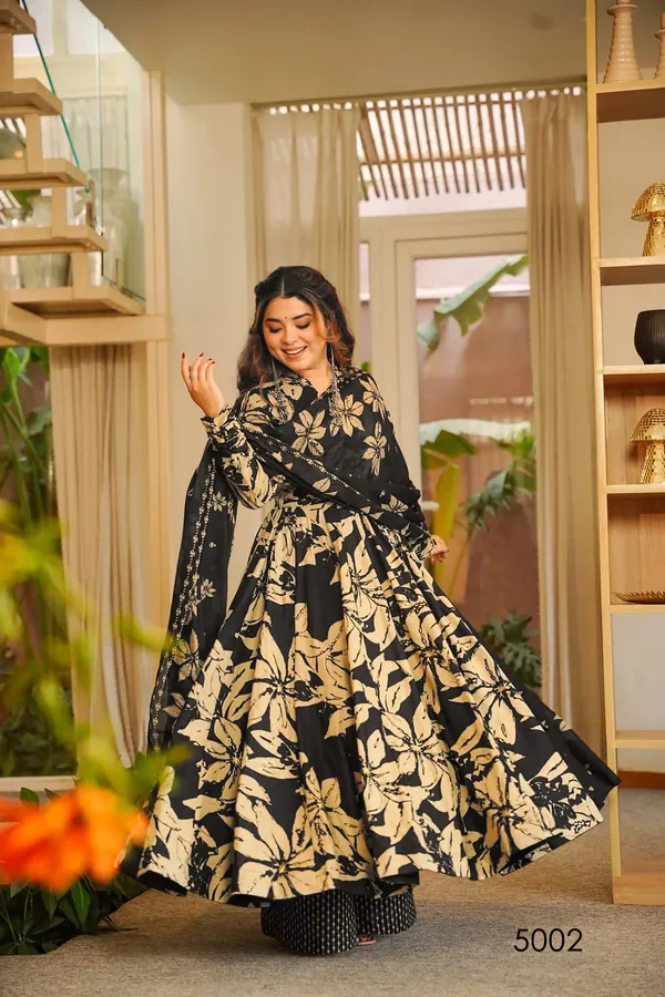 Black_And_Gold_Floral_Print_Anarkali_Dress_For_Women