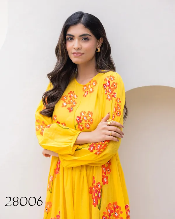 Yellow_Floral_Printed_Long_Sleeve_Midi_Dress_For_Women