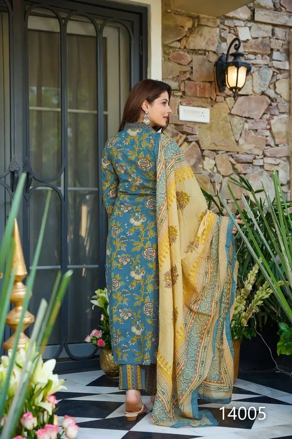 Slate_Blue_Floral_Printed_Cotton_Kurta_Set_With_Mustard_Dupatta_For_Women