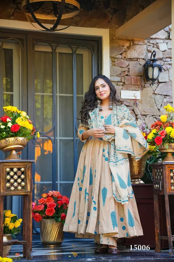 Cream_And_Blue_Printed_Anarkali_Suit_Set_For_Women