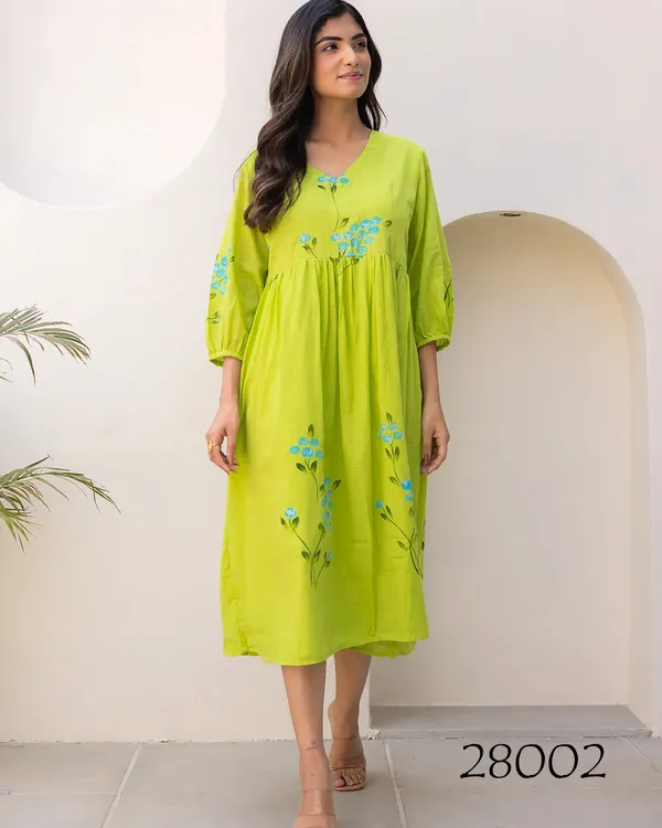 Lime_Green_Floral_Gathered_Dress_For_Women